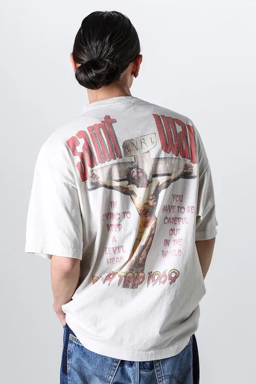 SAINT MICHAEL SAINT WAR TEE/WHAT new style Jesus cross retro short-sleeved, off-white S-XL, ready-to-wear, washed and distressed, printed repeatedly and modified, tube-woven seamless fabric, with little angel anti-counterfeiting label